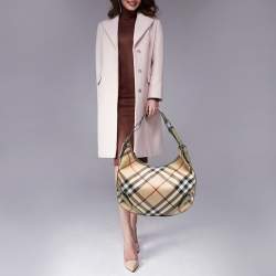 Pre Owned Burberry Green/Beige Nova Check PVC and Patent Leather Buckle Hobo
