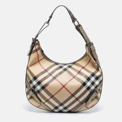 Pre Owned Burberry Green/Beige Nova Check PVC and Patent Leather Buckle Hobo