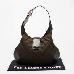 Pre Owned Burberry Olive Green/Brown Quilted Nylon And Leather Brooke Hobo