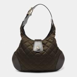 Pre Owned Burberry Olive Green/Brown Quilted Nylon And Leather Brooke Hobo