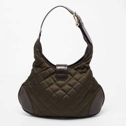 Pre Owned Burberry Olive Green/Brown Quilted Nylon And Leather Brooke Hobo