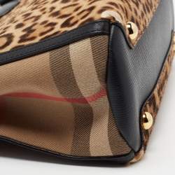 مملوكة مسبقًا Burberry Beige/Black Calfhair, Leather and House Check Fabric Small Banner Tote