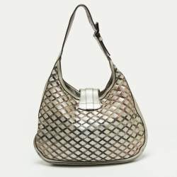 Pre Owned Burberry Silver/Beige Grey Haymarket Check Coated Canvas and Leather Brooke Hobo