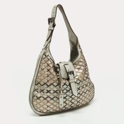 Pre Owned Burberry Silver/Beige Grey Haymarket Check Coated Canvas and Leather Brooke Hobo