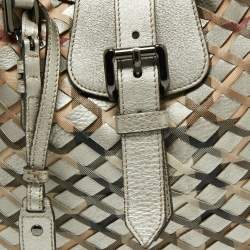 Pre Owned Burberry Silver/Beige Grey Haymarket Check Coated Canvas and Leather Brooke Hobo