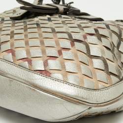 Pre Owned Burberry Silver/Beige Grey Haymarket Check Coated Canvas and Leather Brooke Hobo