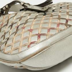 Pre Owned Burberry Silver/Beige Grey Haymarket Check Coated Canvas and Leather Brooke Hobo