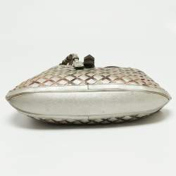 Pre Owned Burberry Silver/Beige Grey Haymarket Check Coated Canvas and Leather Brooke Hobo