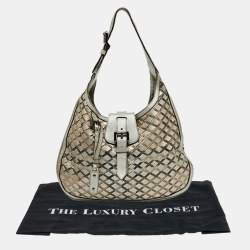 Pre Owned Burberry Silver/Beige Grey Haymarket Check Coated Canvas and Leather Brooke Hobo