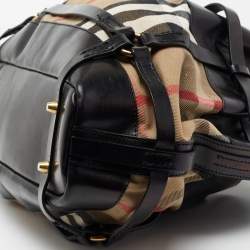 Pre Owned Burberry Black/Beige House Check Canvas and Leather Bridle Hobo