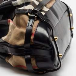 Pre Owned Burberry Black/Beige House Check Canvas and Leather Bridle Hobo