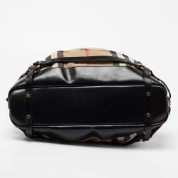 Pre Owned Burberry Black/Beige House Check Canvas and Leather Bridle Hobo