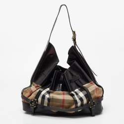 Pre Owned Burberry Black/Beige House Check Canvas and Leather Bridle Hobo