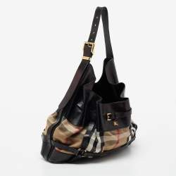 Pre Owned Burberry Black/Beige House Check Canvas and Leather Bridle Hobo