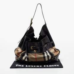 Pre Owned Burberry Black/Beige House Check Canvas and Leather Bridle Hobo