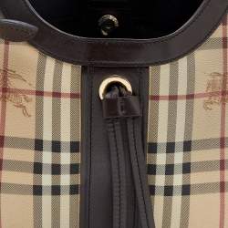 Pre Owned Burberry Beige/Brown Haymarket Check Coated Canvas And Leather Tassel Satchel