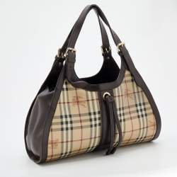 Pre Owned Burberry Beige/Brown Haymarket Check Coated Canvas And Leather Tassel Satchel