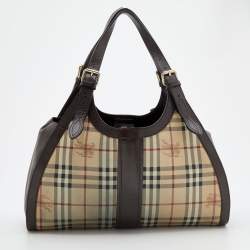 Pre Owned Burberry Beige/Brown Haymarket Check Coated Canvas And Leather Tassel Satchel