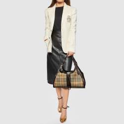 Pre Owned Burberry Beige/Brown Haymarket Check Coated Canvas And Leather Tassel Satchel