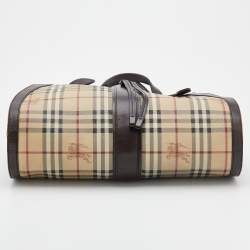 Pre Owned Burberry Beige/Brown Haymarket Check Coated Canvas And Leather Tassel Satchel