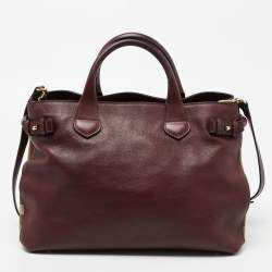 مملوكة مسبقًا Burberry Burgundy Leather and House Check Canvas Medium Banner Tote