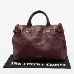مملوكة مسبقًا Burberry Burgundy Leather and House Check Canvas Medium Banner Tote
