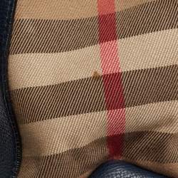 Pre Owned Burberry Blue Leather And House Check Canvas Medium Banner Tote