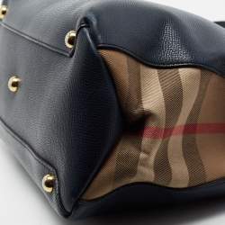 Pre Owned Burberry Blue Leather And House Check Canvas Medium Banner Tote