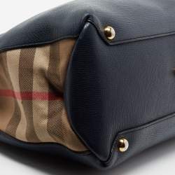 Pre Owned Burberry Blue Leather And House Check Canvas Medium Banner Tote