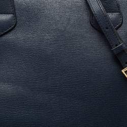 Pre Owned Burberry Blue Leather And House Check Canvas Medium Banner Tote