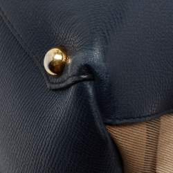 Pre Owned Burberry Blue Leather And House Check Canvas Medium Banner Tote