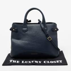 Pre Owned Burberry Blue Leather And House Check Canvas Medium Banner Tote