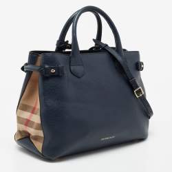 Pre Owned Burberry Blue Leather And House Check Canvas Medium Banner Tote