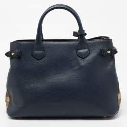 Pre Owned Burberry Blue Leather And House Check Canvas Medium Banner Tote