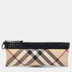 مملوكة مسبقًا Burberry Beige/Black Nova Check PVC and Patent Leather Studded Wristlet Clutch