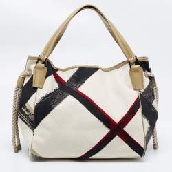 مملوكة مسبقًا Burberry Beige Brushstroke Check Canvas and Patent Leather Biltmore Shopper Tote