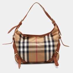 Pre Owned Burberry Beige/Brown House Check Canvas and Leather Hobo
