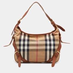 Pre Owned Burberry Beige/Brown House Check Canvas and Leather Hobo
