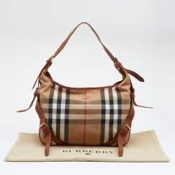 Pre Owned Burberry Beige/Brown House Check Canvas and Leather Hobo