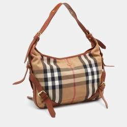 Pre Owned Burberry Beige/Brown House Check Canvas and Leather Hobo