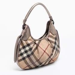 Pre Owned Burberry Beige/Grey Nova Check  Embossed Coated Canvas Brooklyn Hobo
