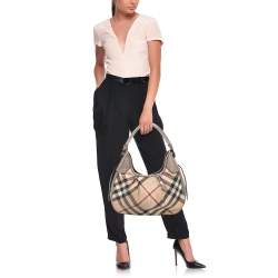 Pre Owned Burberry Beige/Grey Nova Check  Embossed Coated Canvas Brooklyn Hobo