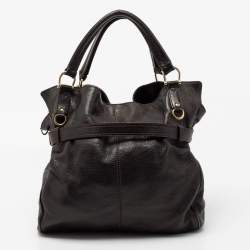 Pre Owned Burberry Dark Brown Pebbled Leather Belted Tote