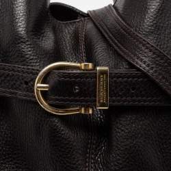 Pre Owned Burberry Dark Brown Pebbled Leather Belted Tote