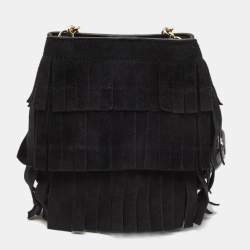 Pre Owned Burberry Black Suede Mini Fringe Bucket Bag
