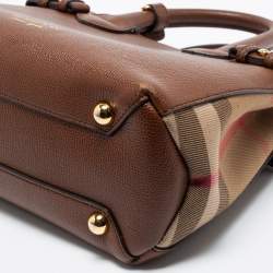 Pre Owned Burberry Brown Leather and House Check Fabric Small Banner Tote