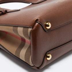 Pre Owned Burberry Brown Leather and House Check Fabric Small Banner Tote