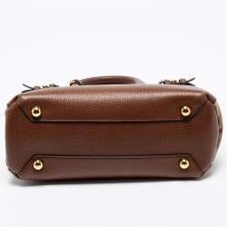 Pre Owned Burberry Brown Leather and House Check Fabric Small Banner Tote