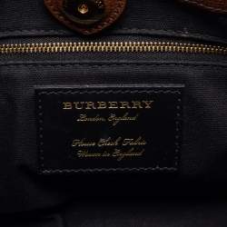 Pre Owned Burberry Brown Leather and House Check Fabric Small Banner Tote
