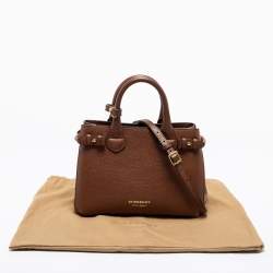 Pre Owned Burberry Brown Leather and House Check Fabric Small Banner Tote